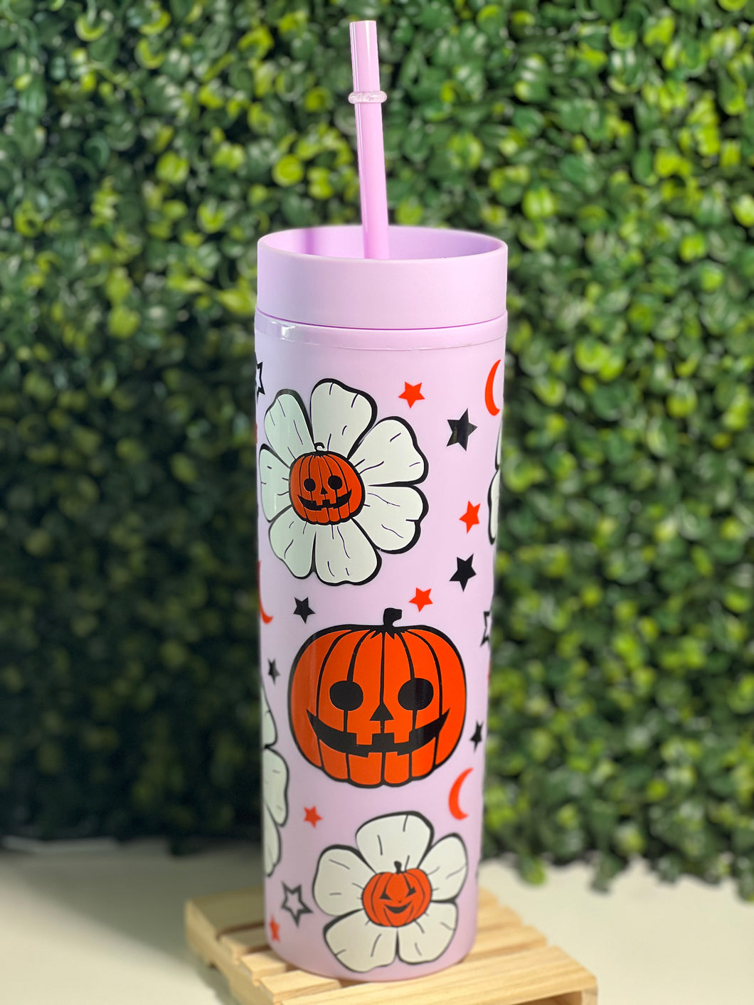Pumpkin Daisies on Lavender Skinny Matte Tumbler