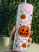 Load image into Gallery viewer, Pumpkin Daisies on Lavender Skinny Matte Tumbler
