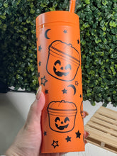 Load image into Gallery viewer, Pumpkin Treat Bucket on Orange Skinny Matte Tumbler
