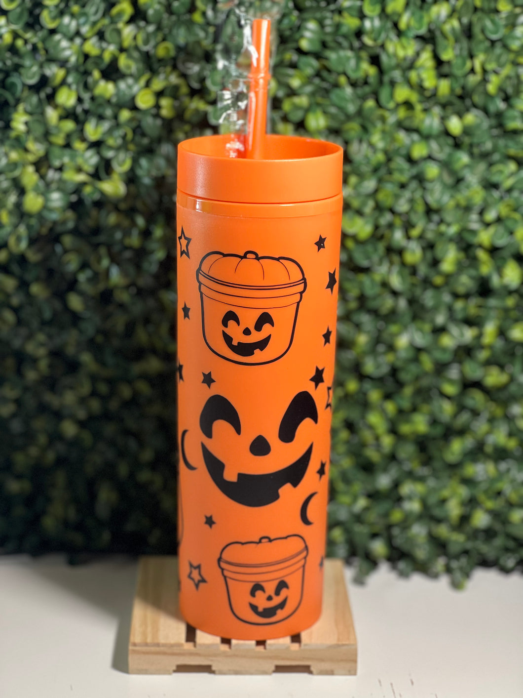 Pumpkin Treat Bucket on Orange Skinny Matte Tumbler